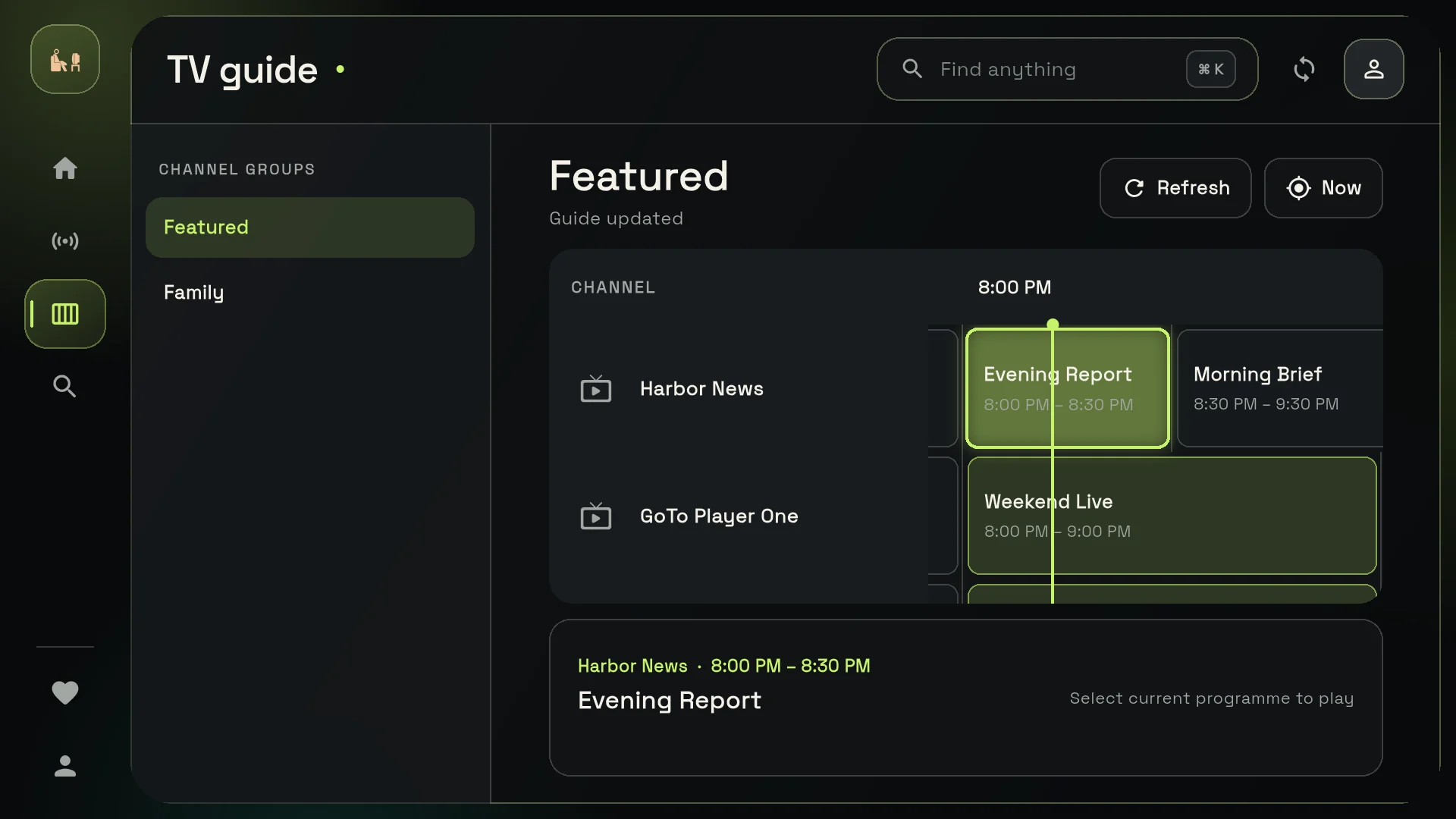 GoTo Player TV guide screen, a free app for every customer a reseller signs up