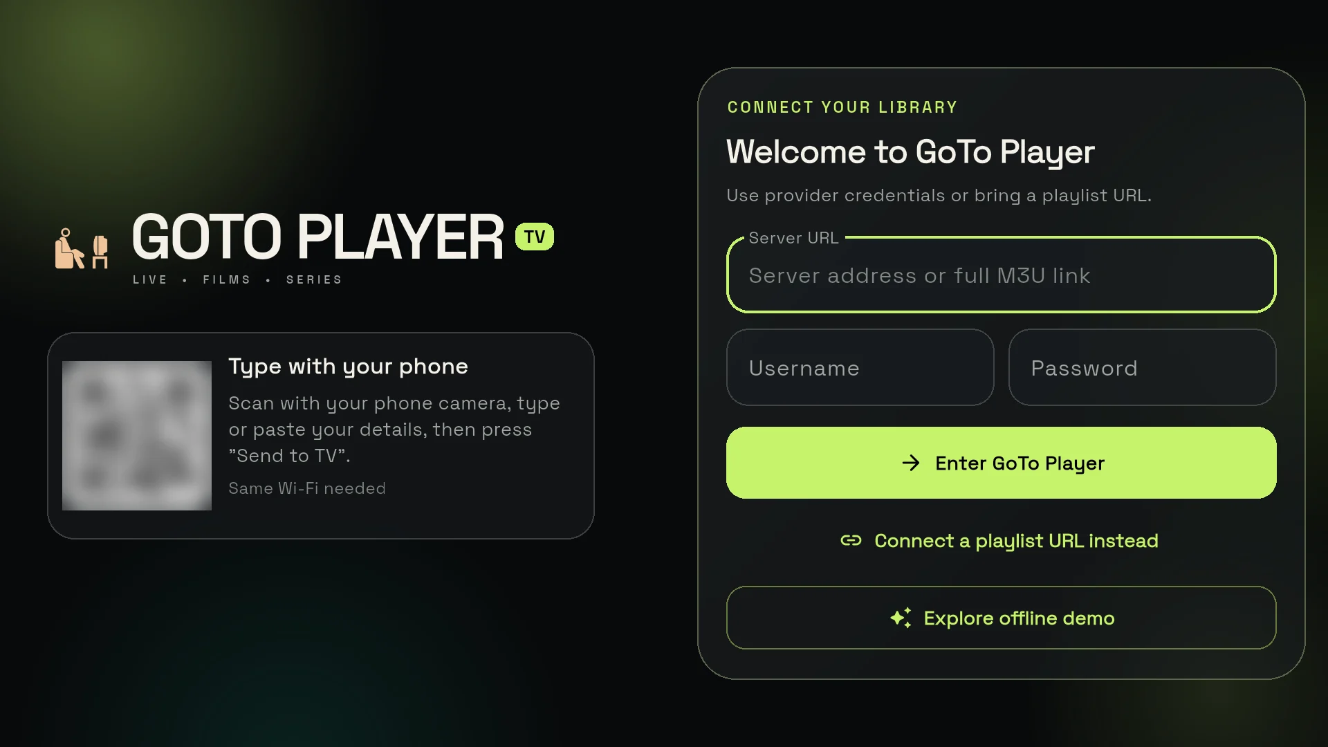 GoTo Player TV sign-in screen with a phone QR code so customers can type their login on the phone