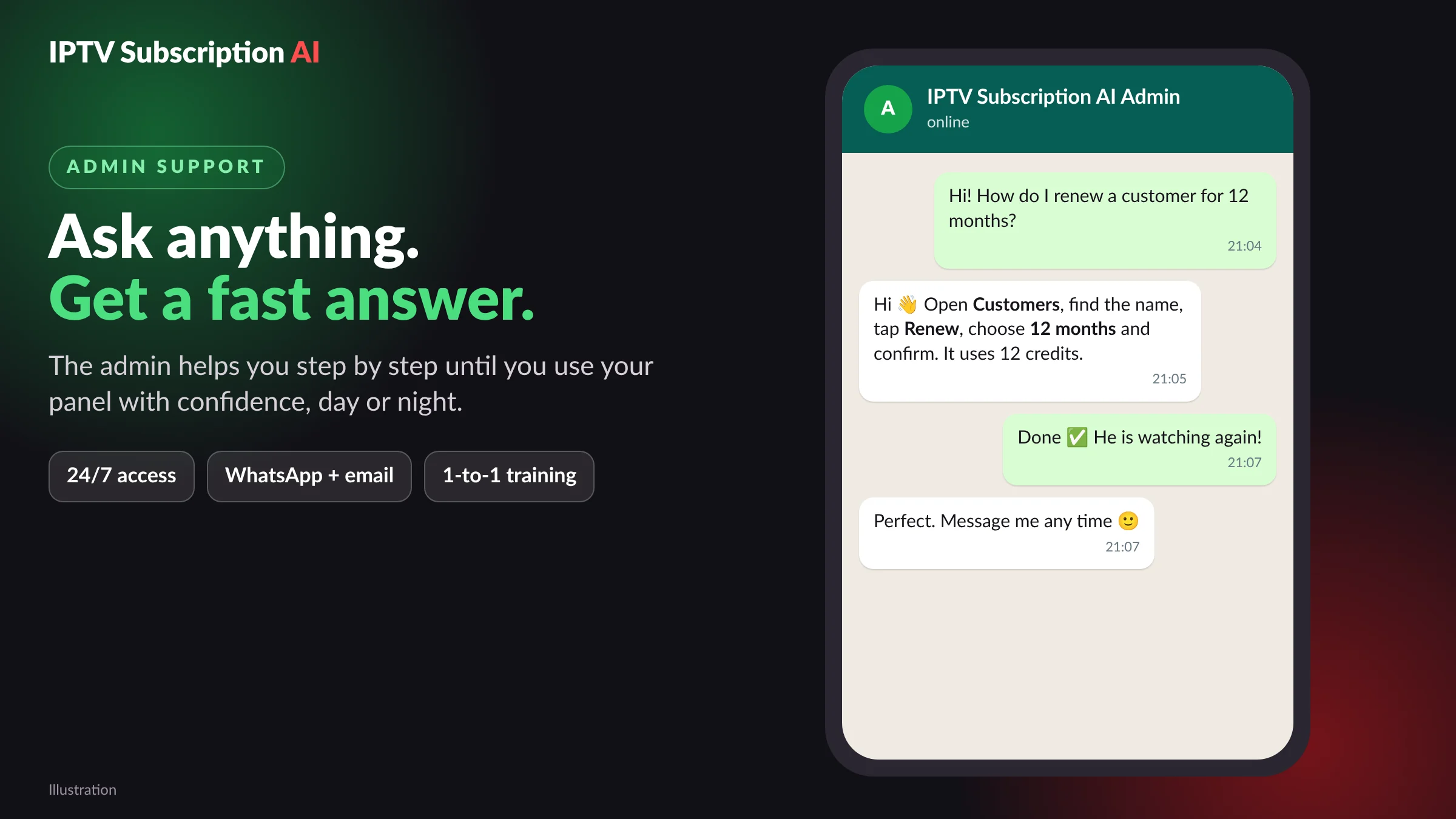 Our admin helps IPTV resellers 24/7 on WhatsApp while the SEO partner works on Google (illustration)
