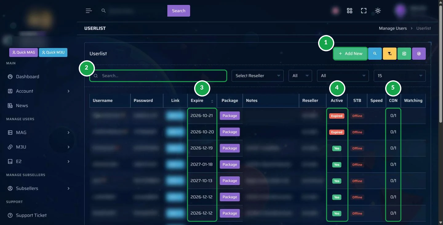 Customer list screen with numbered Add New button, search box, end dates, status and connection count (private data blurred)