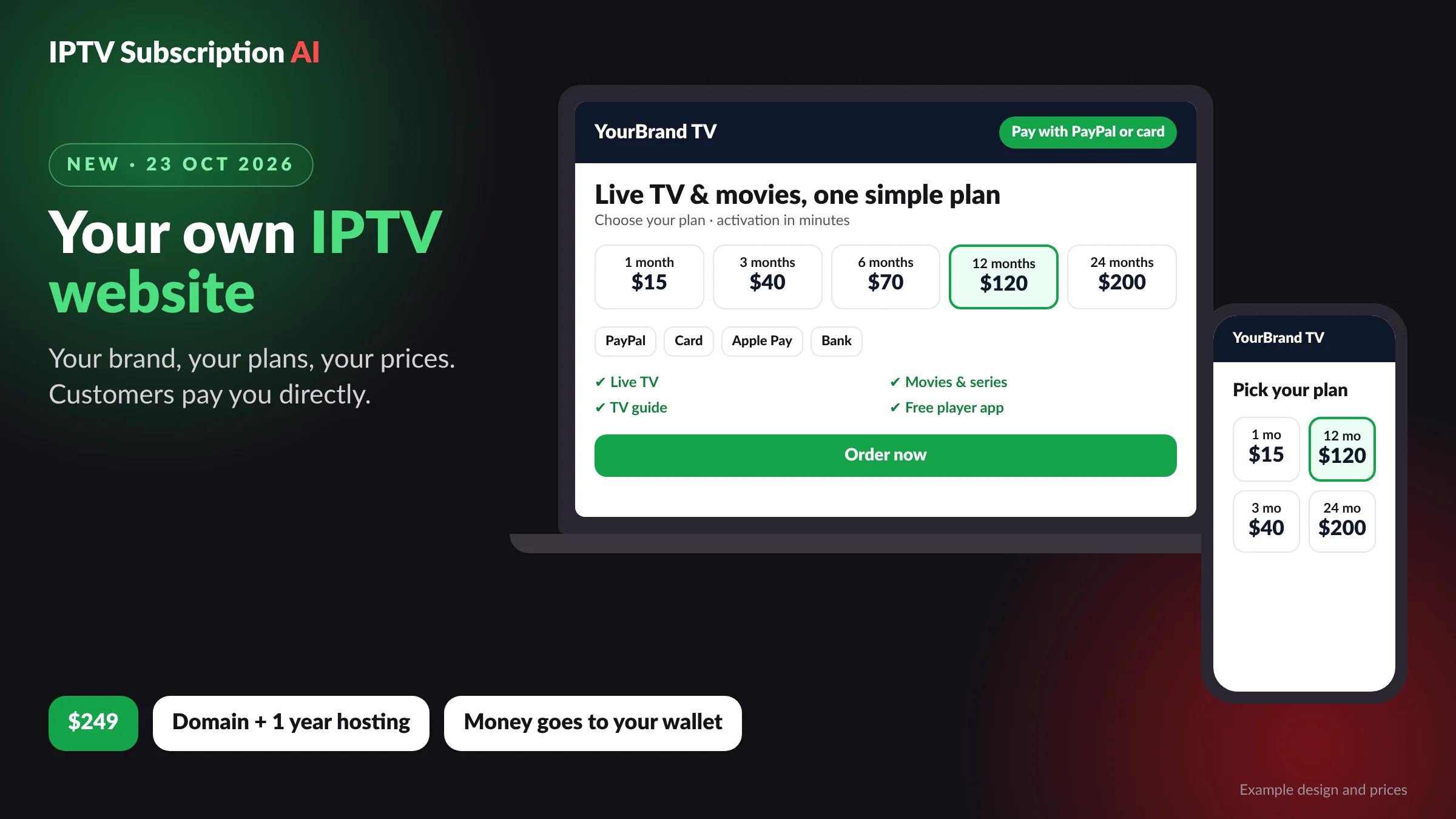 IPTV reseller website for $249: your own online store with plans and payment options