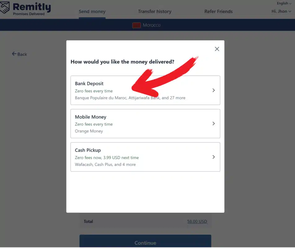 Remitly: choose Bank Deposit as the delivery method