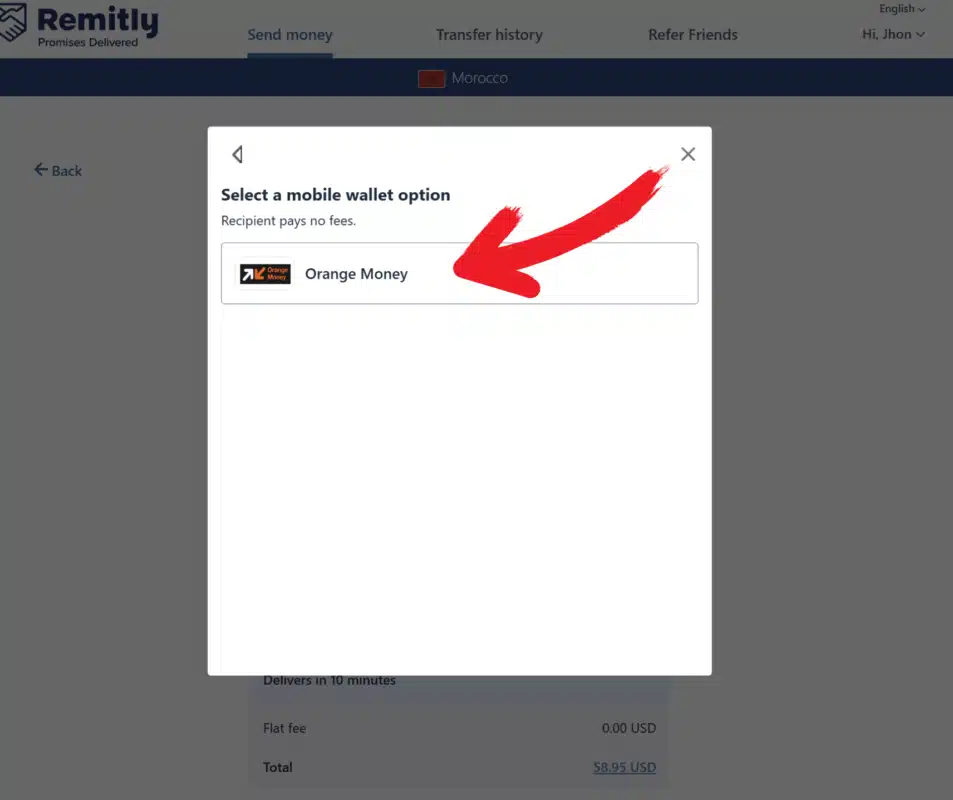 Remitly: choose Orange Money as the mobile wallet