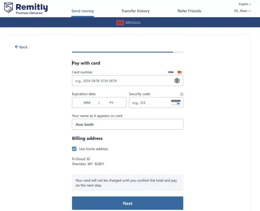 Pay for IPTV with Remitly: pay the transfer with a debit or credit card