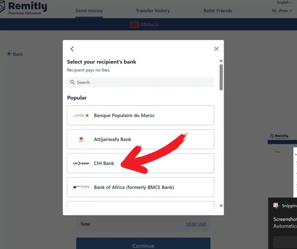 Remitly: select CIH Bank as the recipient's bank