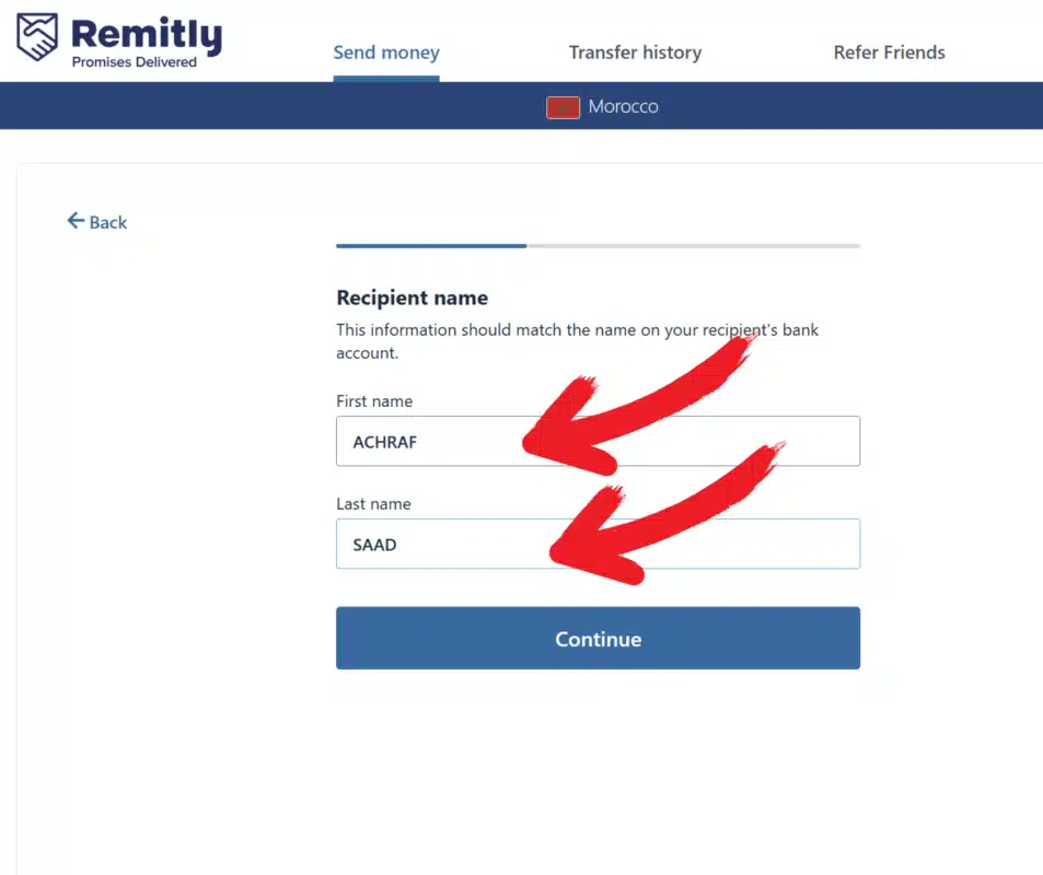 Remitly: enter the recipient's first and last name shown at checkout