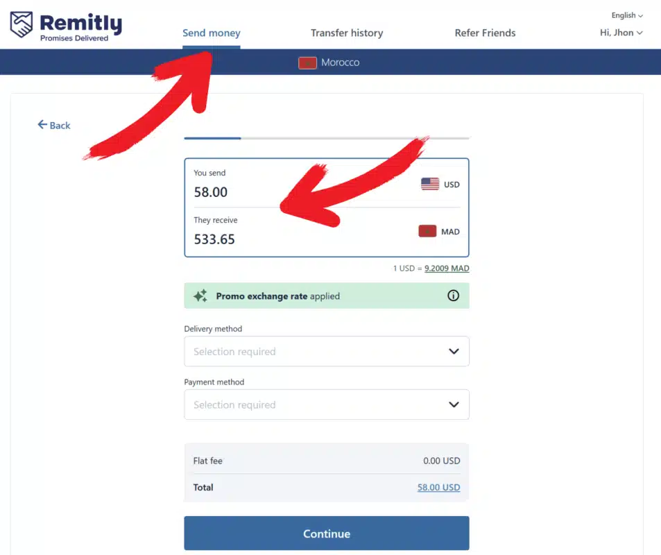 Remitly: enter the amount to send in US dollars to Morocco