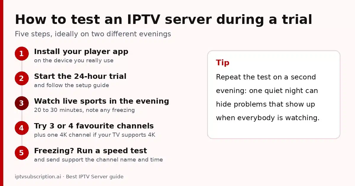 How to test an IPTV server during a 24-hour trial: 5 steps, and a tip to repeat the test on a second evening